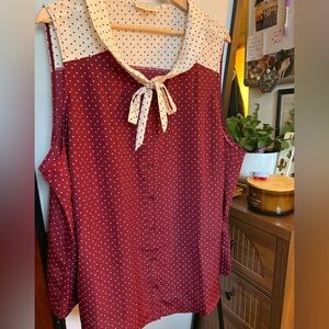 Modcloth 3X Burgundy and Cream Polka Dot Blouse